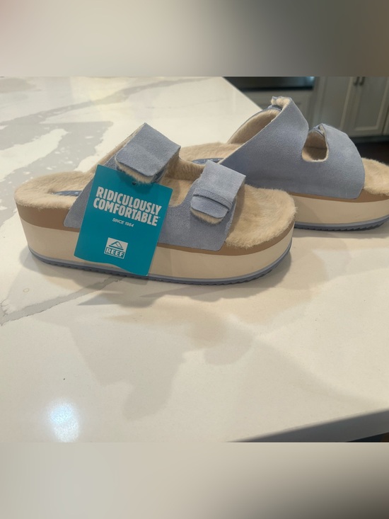 Reef Shoes - Reef Women's Light Blue Suede Platform Sandals with Faux-Fur Footbed
